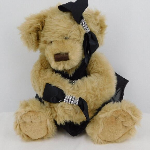 Floral Services Plush Vase Hugger Brown Teddy Bear 11" Black Dress Rhinestones - Picture 1 of 8